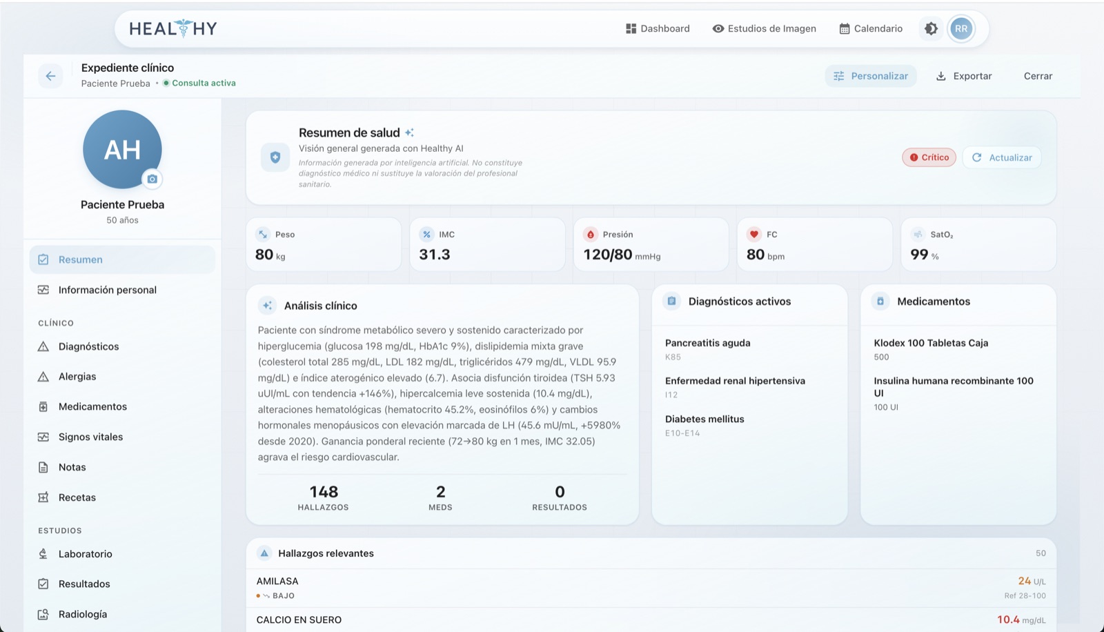 Expediente clínico de Healthy Record — resumen de salud con análisis clínico de IA